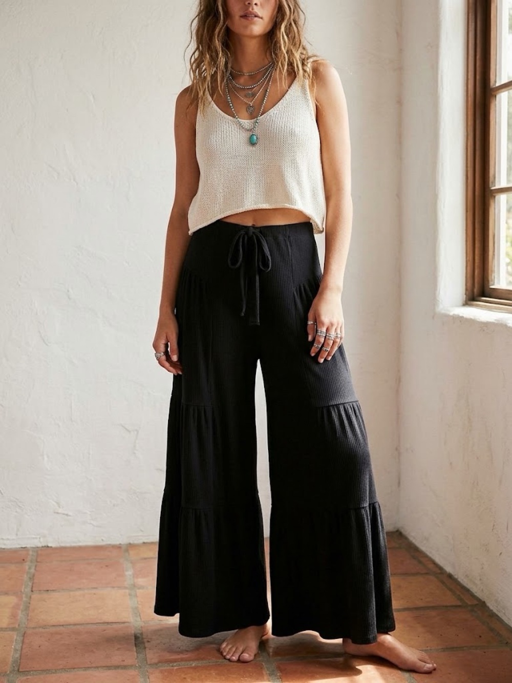 Free People Feeling Groovy Ribbed Knit Tiered Wide Leg Pants Black Hippie Boho S